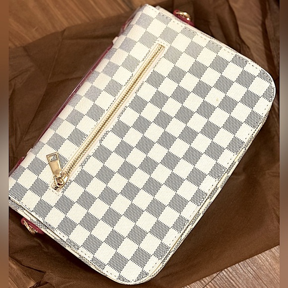 ‼️LAST ONE‼️🆕🌿CREAM/GRAY Leather Checkered Tote Crossbody Bag - Picture 9 of 17